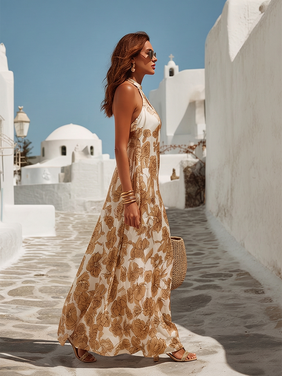 Chic Vacation floral-print satin sleeveless maxi dress