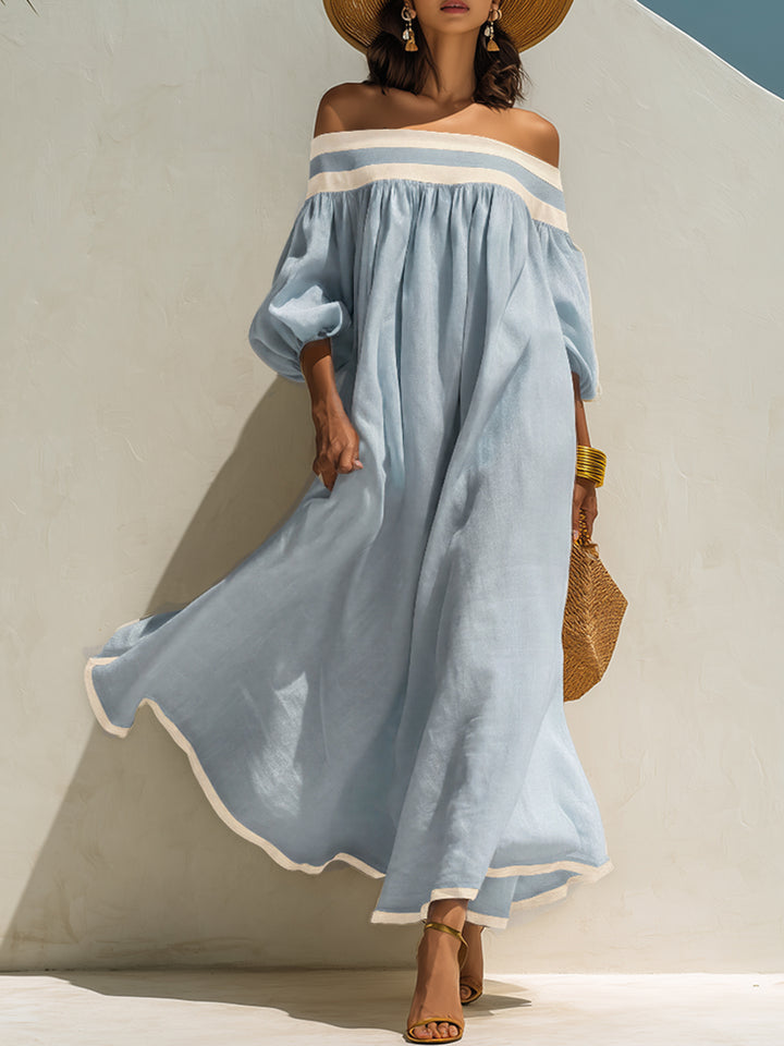 Beige cotton-linen maxi dress with off-the-shoulder sleeves and color blocking, loose fit.
