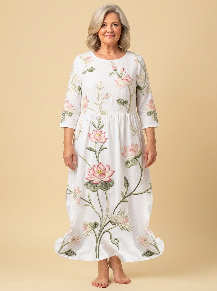 Caitlin | Floral dress with pink flowers and green stems