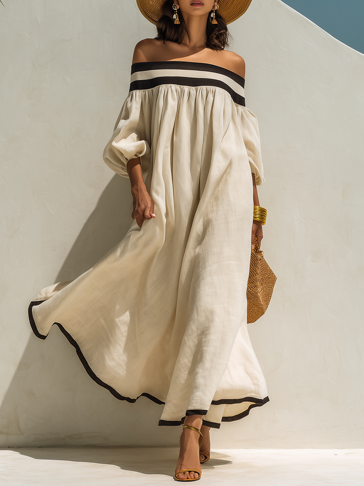 Beige cotton-linen maxi dress with off-the-shoulder sleeves and color blocking, loose fit.