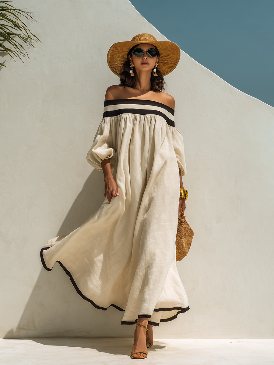 Beige cotton-linen maxi dress with off-the-shoulder sleeves and color blocking, loose fit.