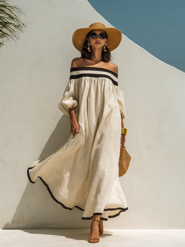 Beige cotton-linen maxi dress with off-the-shoulder sleeves and color blocking, loose fit.