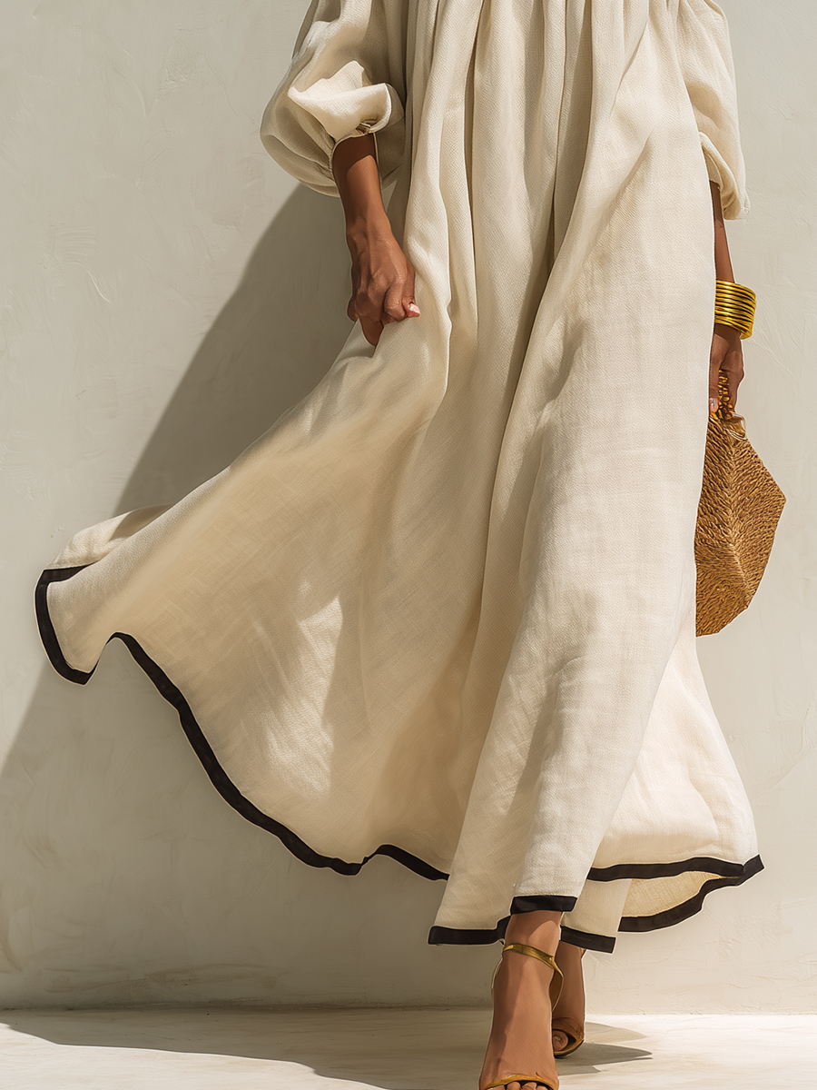 Beige cotton-linen maxi dress with off-the-shoulder sleeves and color blocking, loose fit.