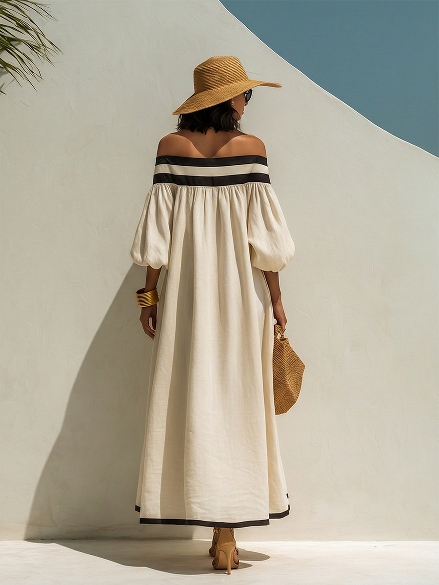 Beige cotton-linen maxi dress with off-the-shoulder sleeves and color blocking, loose fit.