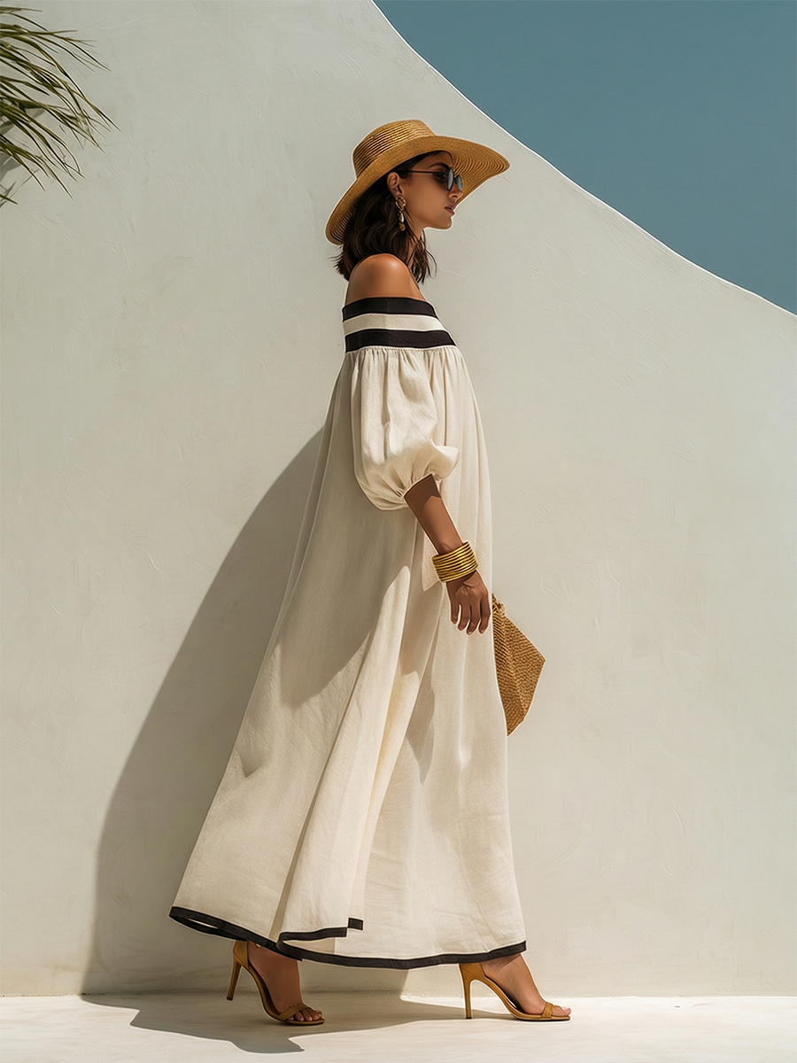 Beige cotton-linen maxi dress with off-the-shoulder sleeves and color blocking, loose fit.