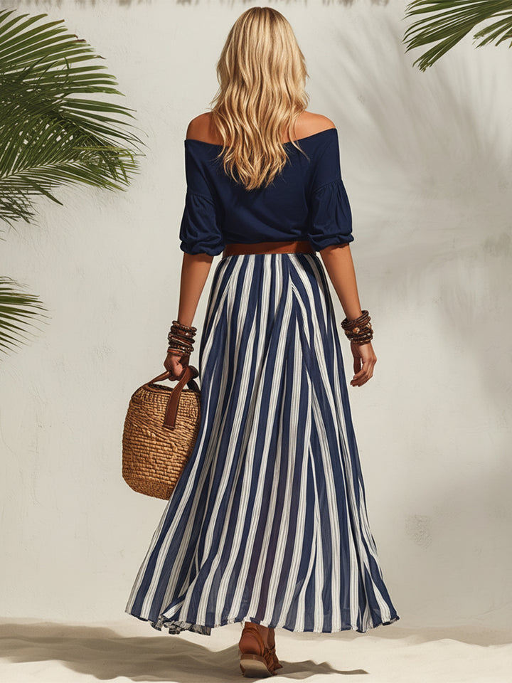 Nautical Vacation Style Navy Blue Off-the-shoulder Top And Navy Blue And White Striped Chiffon Slit Skirt Set