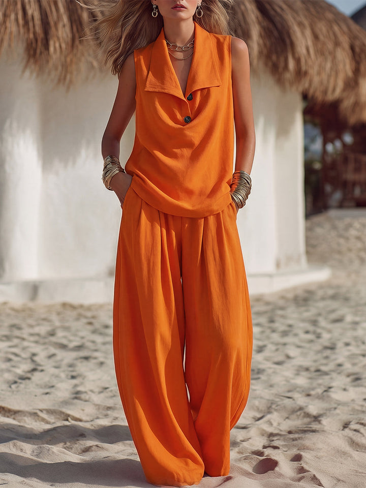 Casual Resort Vibrant Orange Sleeveless Collared Top And Loose-fitting Trousers Set