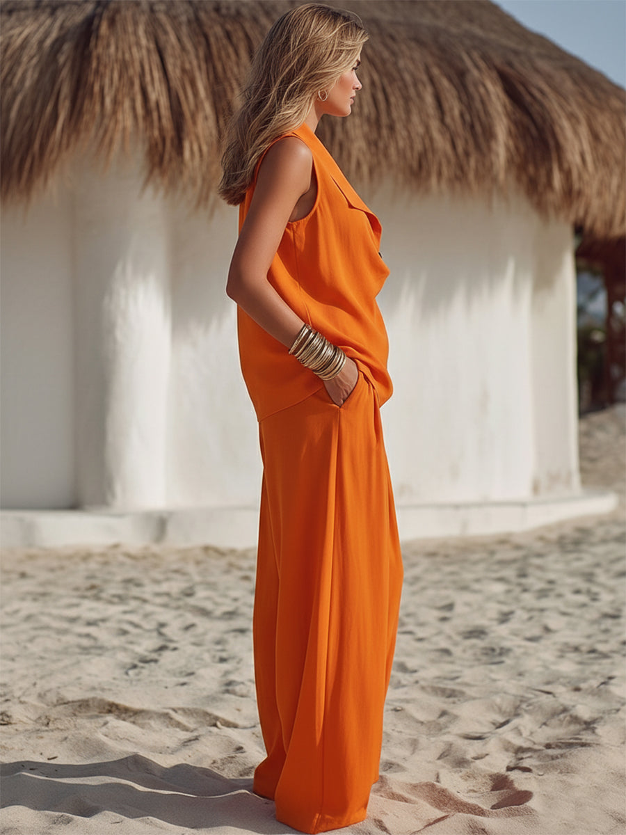 Casual Resort Vibrant Orange Sleeveless Collared Top And Loose-fitting Trousers Set