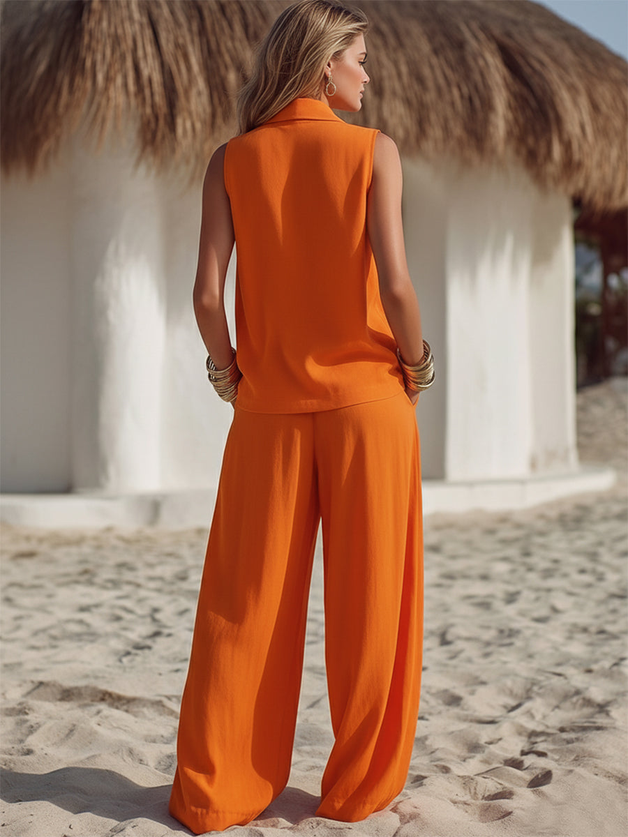 Casual Resort Vibrant Orange Sleeveless Collared Top And Loose-fitting Trousers Set
