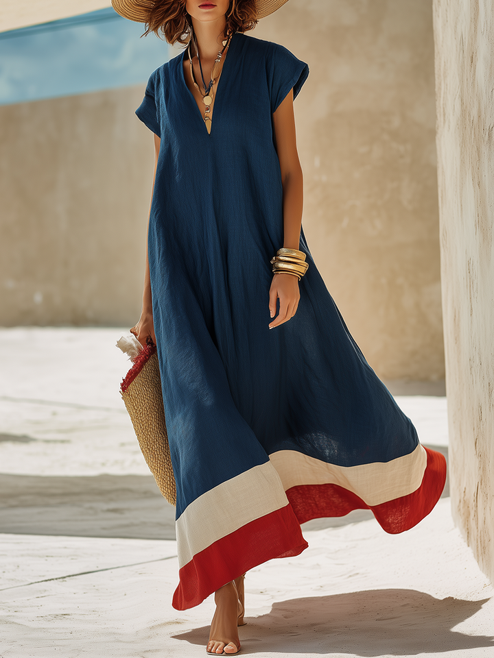Navy Cotton-Linen Maxi Dress with Red and White Stripes Minimalist Vacation Style