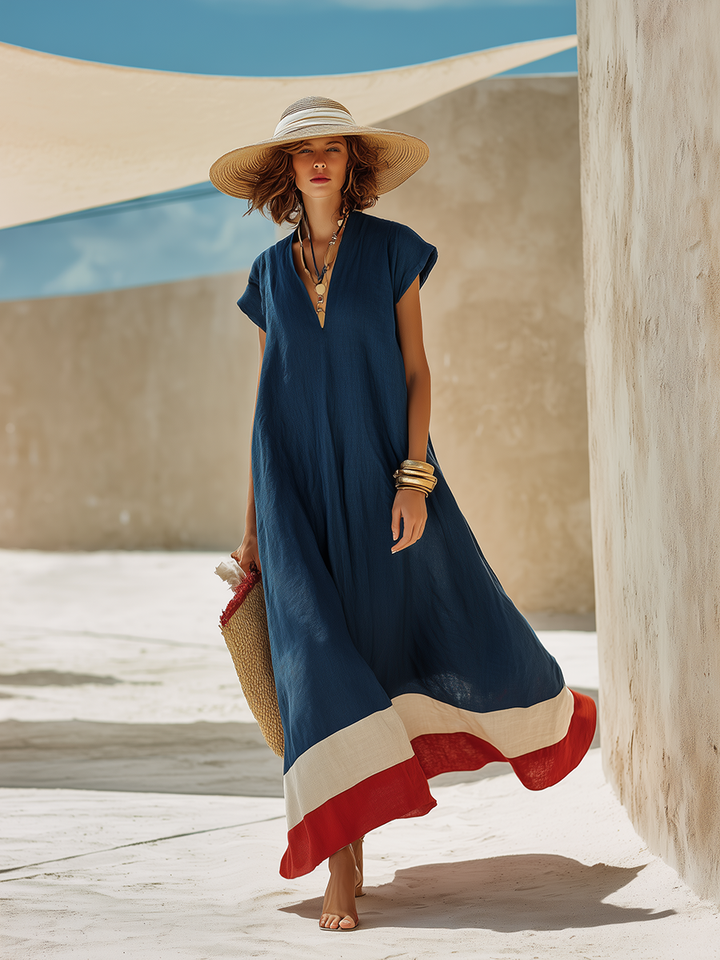 Navy Cotton-Linen Maxi Dress with Red and White Stripes Minimalist Vacation Style