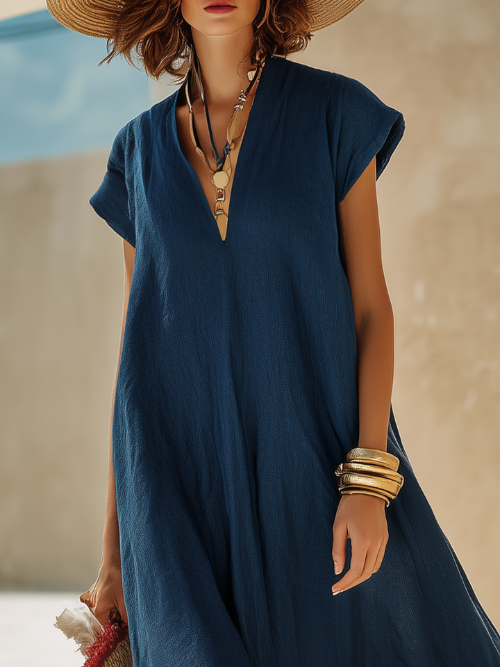 Navy Cotton-Linen Maxi Dress with Red and White Stripes Minimalist Vacation Style