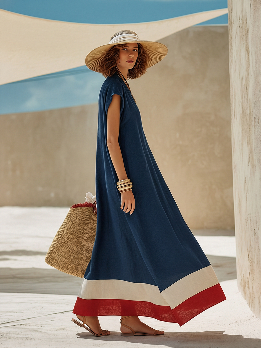 Navy Cotton-Linen Maxi Dress with Red and White Stripes Minimalist Vacation Style