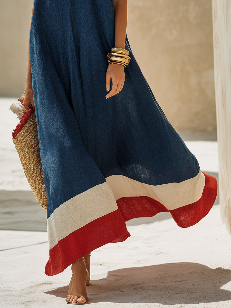 Navy Cotton-Linen Maxi Dress with Red and White Stripes Minimalist Vacation Style
