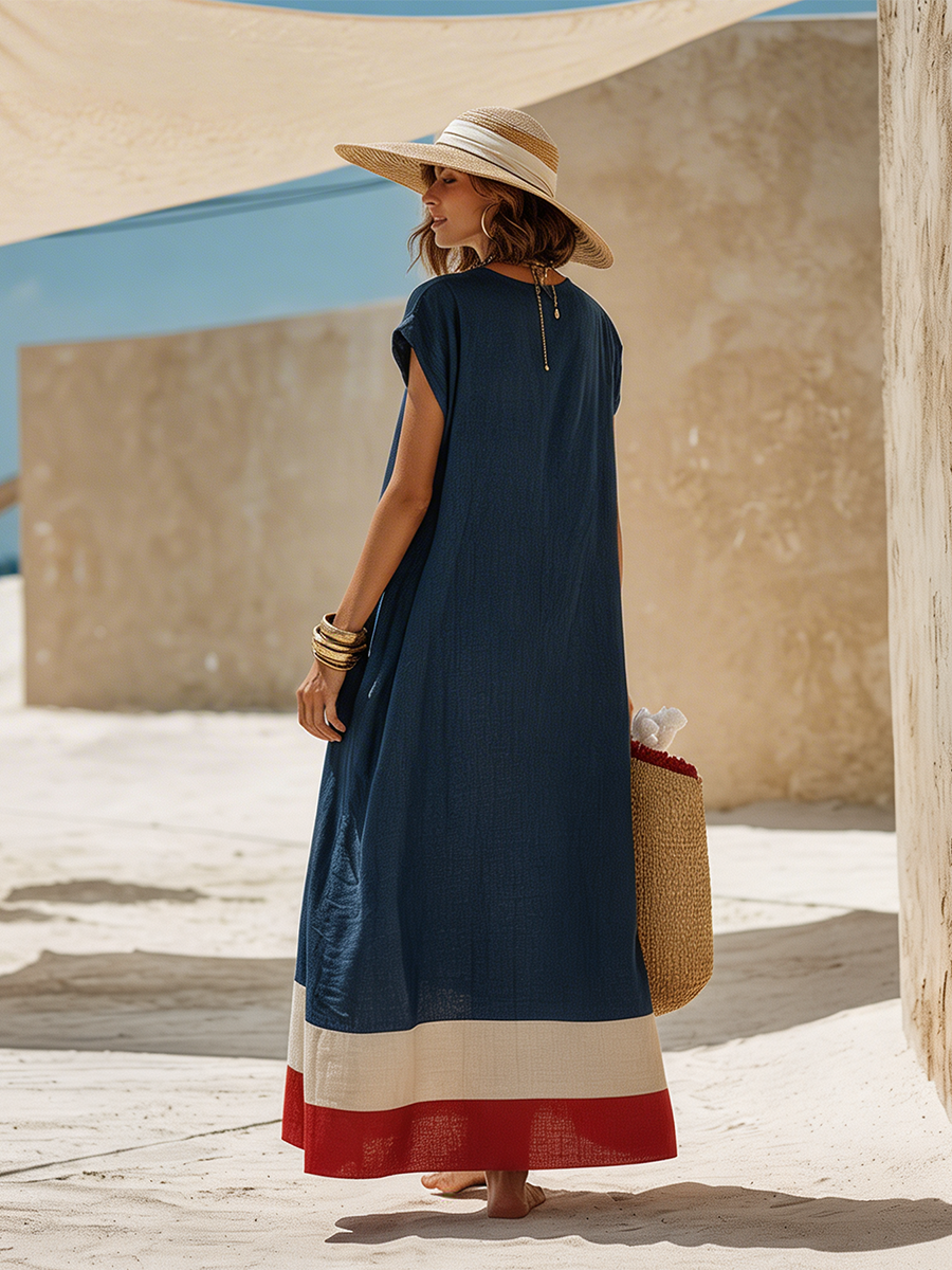 Navy Cotton-Linen Maxi Dress with Red and White Stripes Minimalist Vacation Style