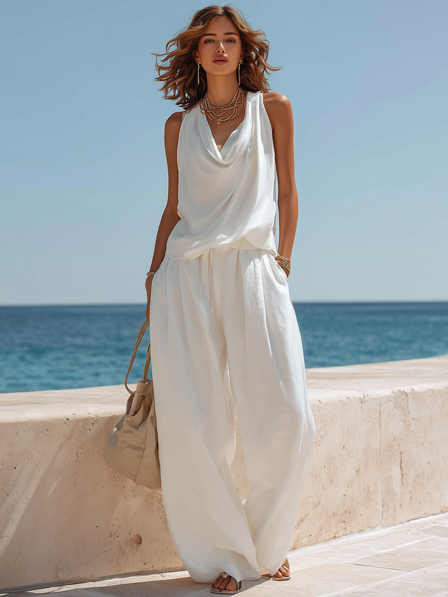 Vacation-Style White Loose-Fit Sleeveless Cowl-Neck Top And Wide-Leg Pants Set