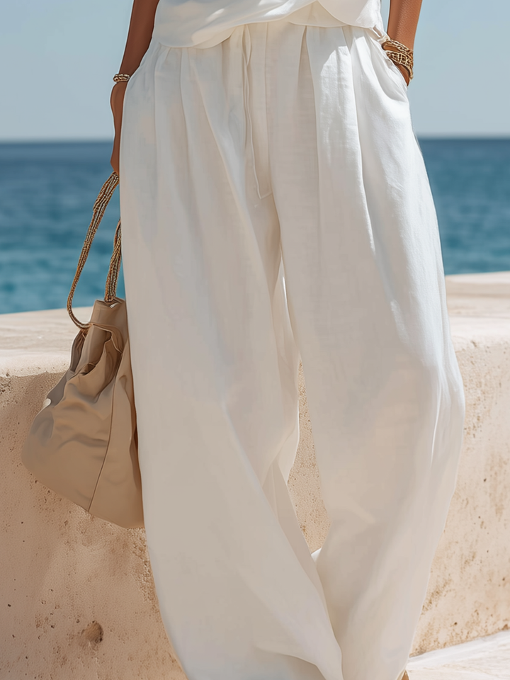 Vacation-Style White Loose-Fit Sleeveless Cowl-Neck Top And Wide-Leg Pants Set