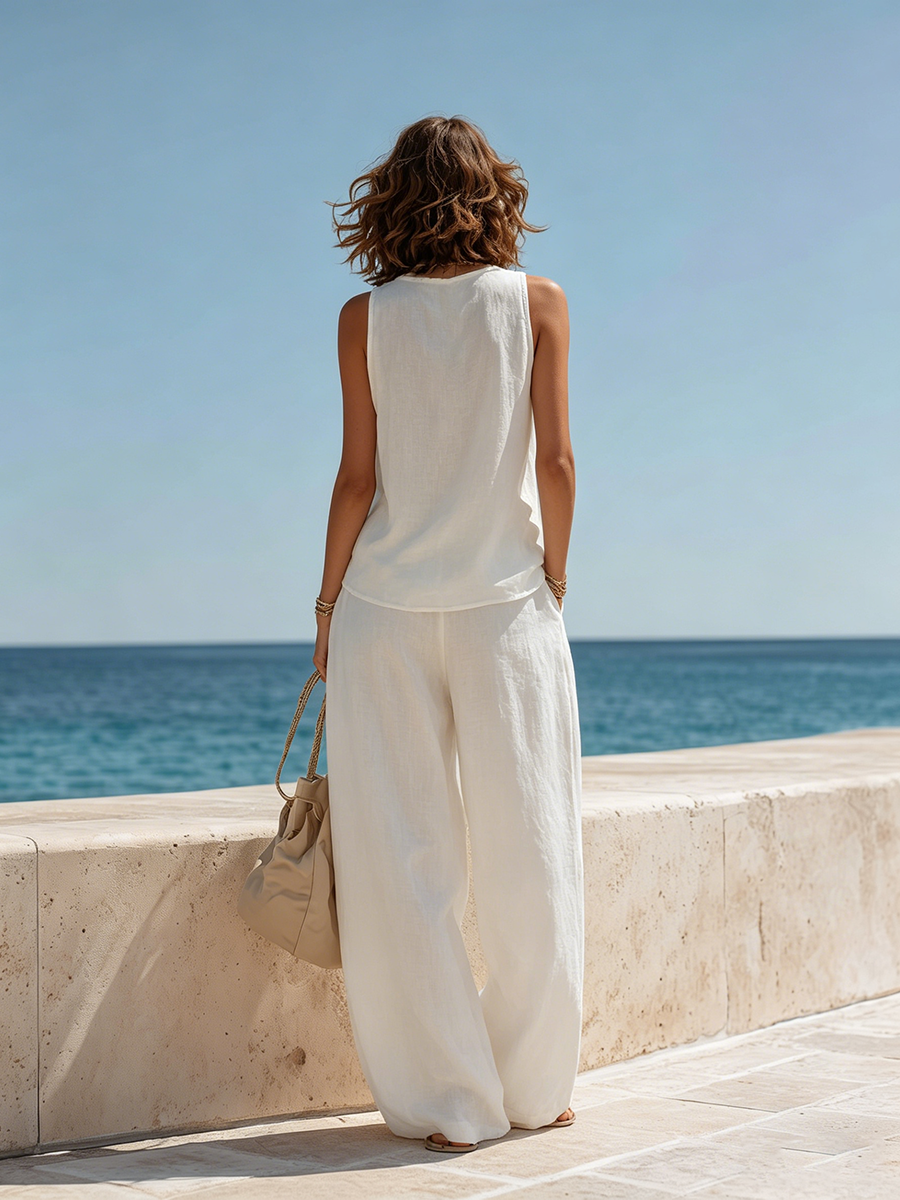 Vacation-Style White Loose-Fit Sleeveless Cowl-Neck Top And Wide-Leg Pants Set