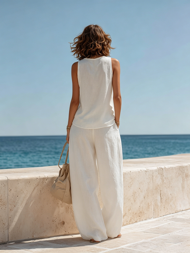 Vacation-Style White Loose-Fit Sleeveless Cowl-Neck Top And Wide-Leg Pants Set