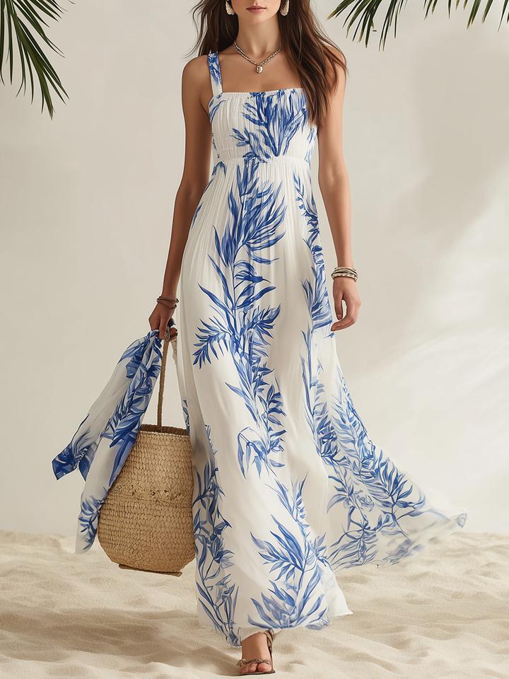 Resort Style Square Neck Sleeveless Printed Chiffon Maxi Dress