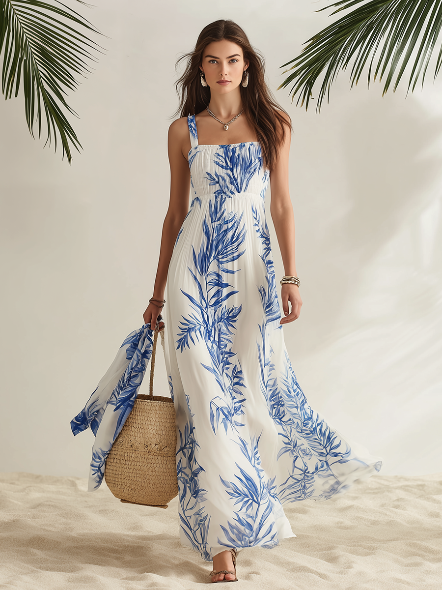 Resort Style Square Neck Sleeveless Printed Chiffon Maxi Dress