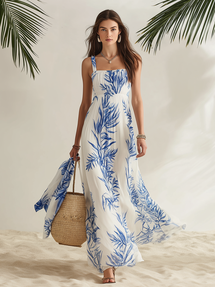 Resort Style Square Neck Sleeveless Printed Chiffon Maxi Dress