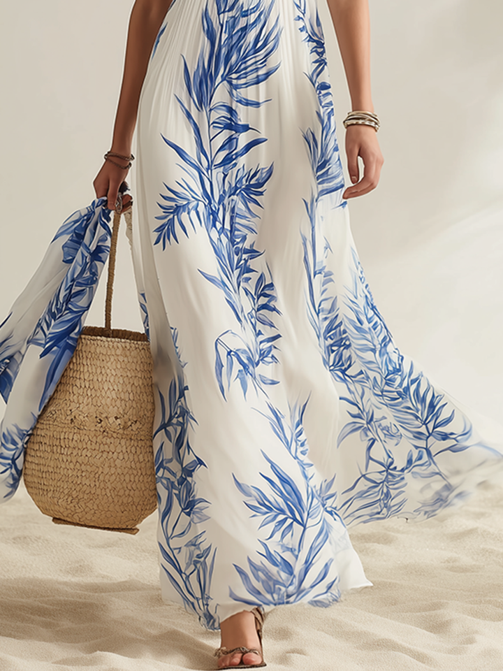 Resort Style Square Neck Sleeveless Printed Chiffon Maxi Dress