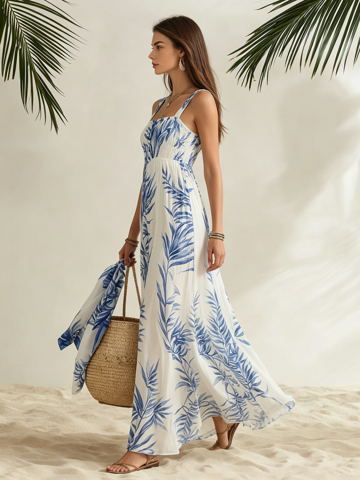 Resort Style Square Neck Sleeveless Printed Chiffon Maxi Dress