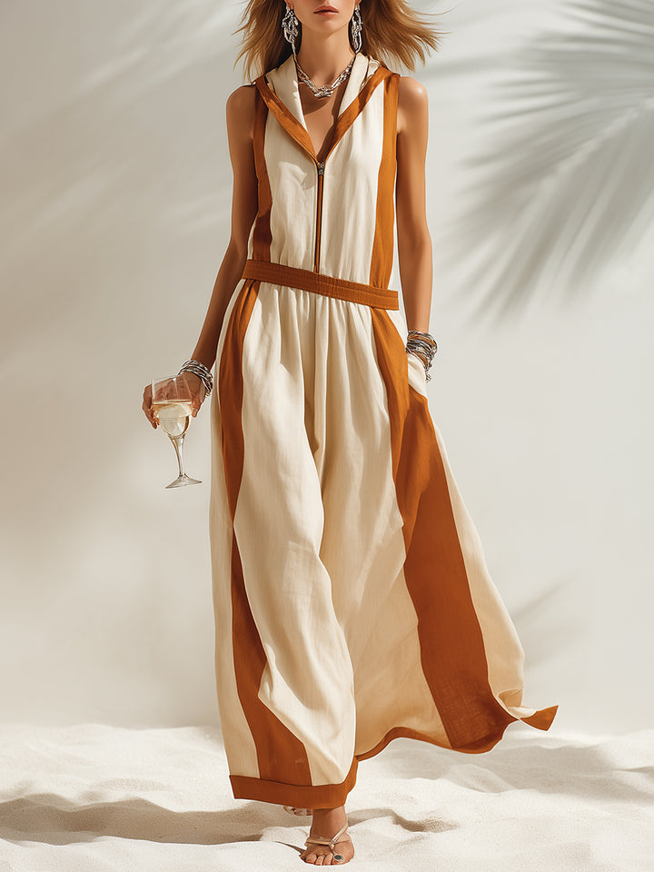 Beige Casual Hooded Sleeveless Maxi Dress with Brown Trim
