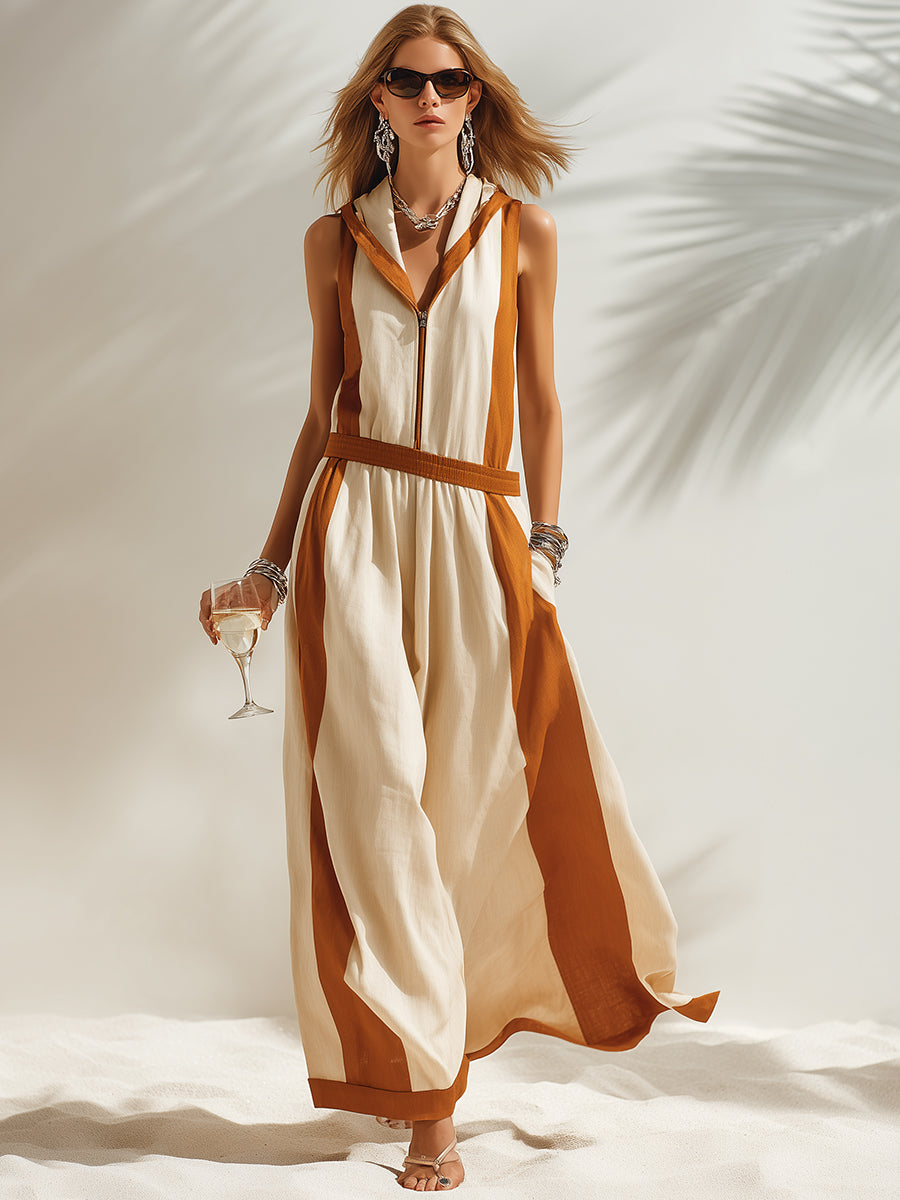 Beige Casual Hooded Sleeveless Maxi Dress with Brown Trim