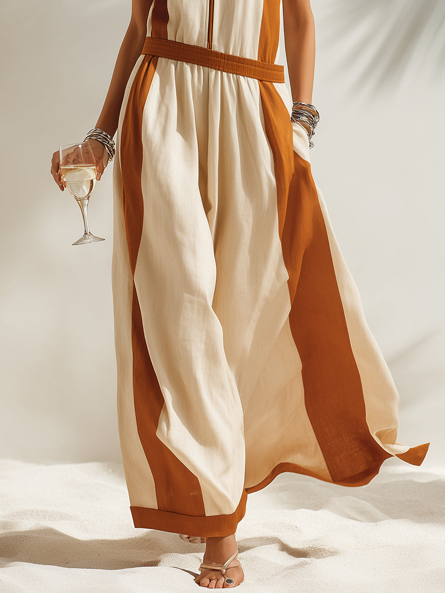 Beige Casual Hooded Sleeveless Maxi Dress with Brown Trim