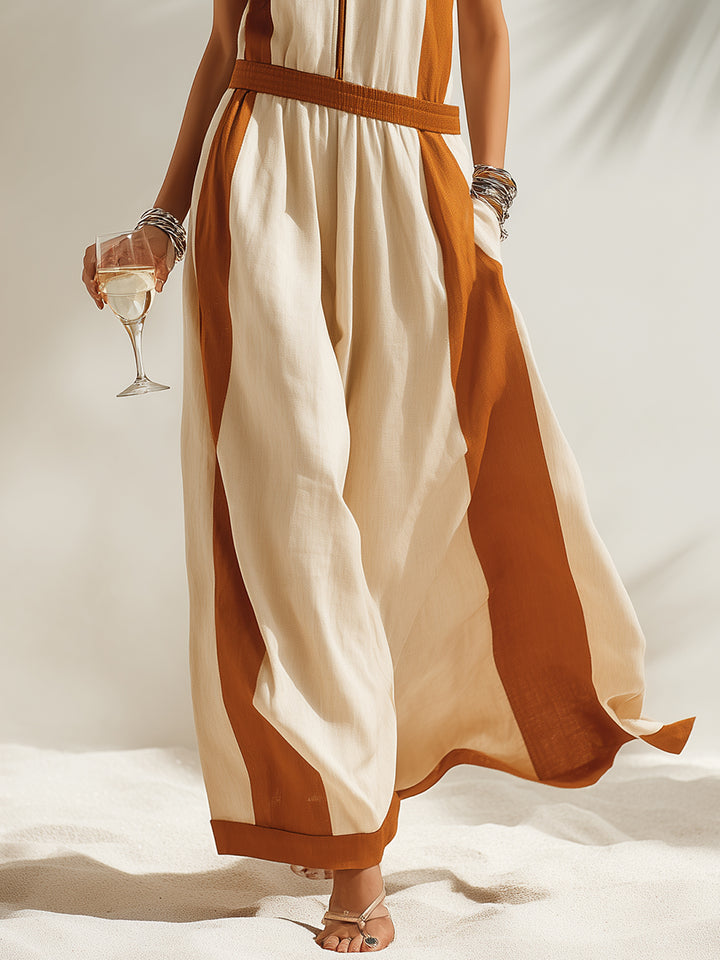 Beige Casual Hooded Sleeveless Maxi Dress with Brown Trim