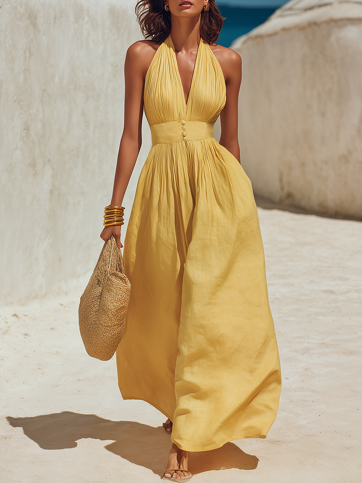 Yellow Sleeveless Pleated Casual V-Neck Cotton-Linen Maxi Dress