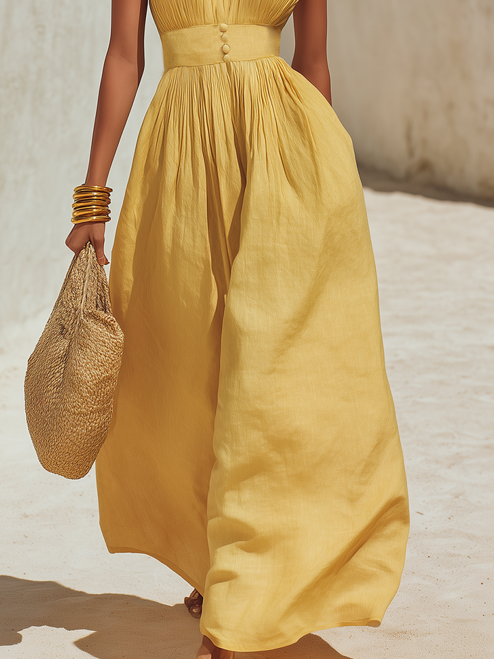 Yellow Sleeveless Pleated Casual V-Neck Cotton-Linen Maxi Dress