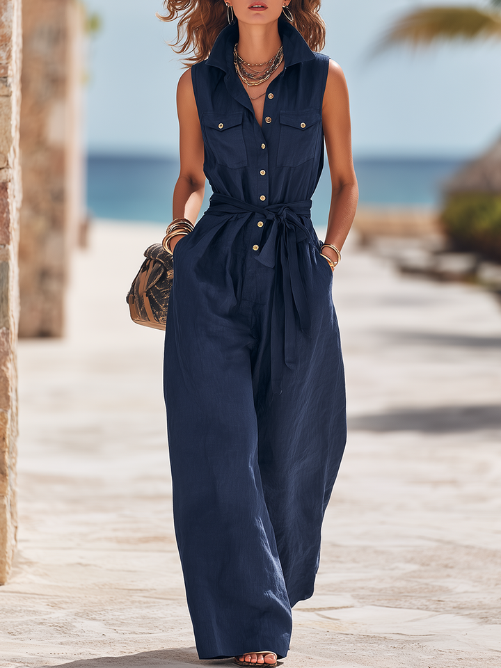 Vacation-Style Dark Blue Collared Sleeveless Loose-Fit Jumpsuit