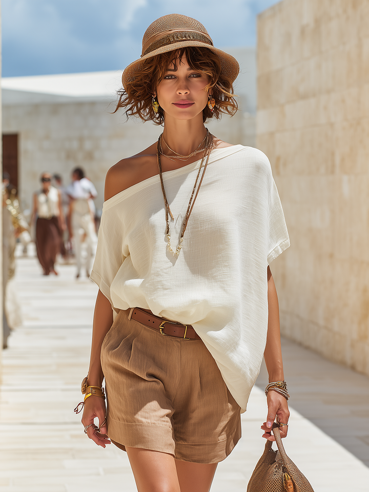 Vacation-Style White Loose-Fit One-Shoulder Short-Sleeve Top And Brown Shorts Set
