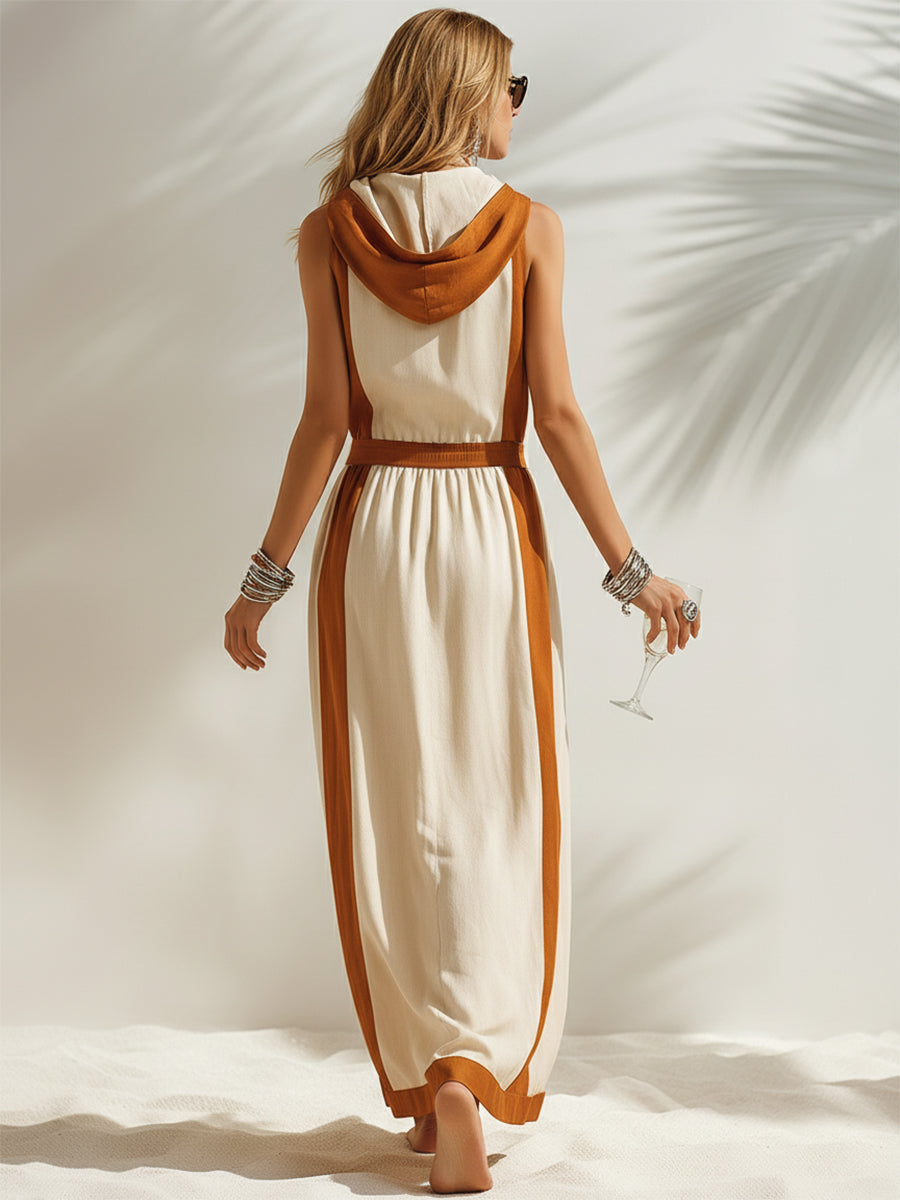 Beige Casual Hooded Sleeveless Maxi Dress with Brown Trim