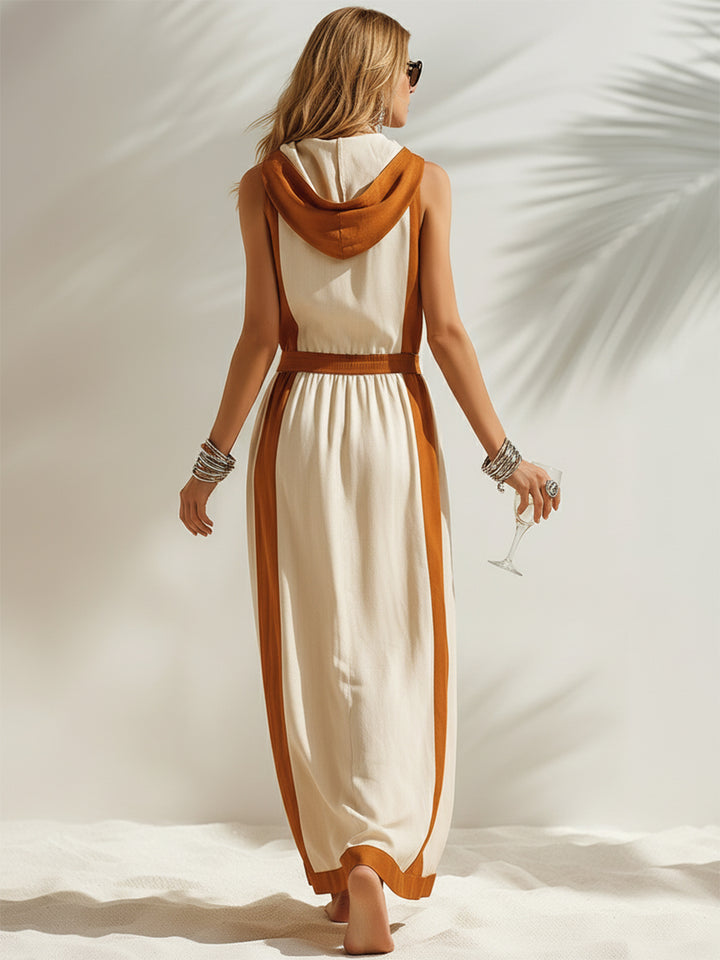 Beige Casual Hooded Sleeveless Maxi Dress with Brown Trim