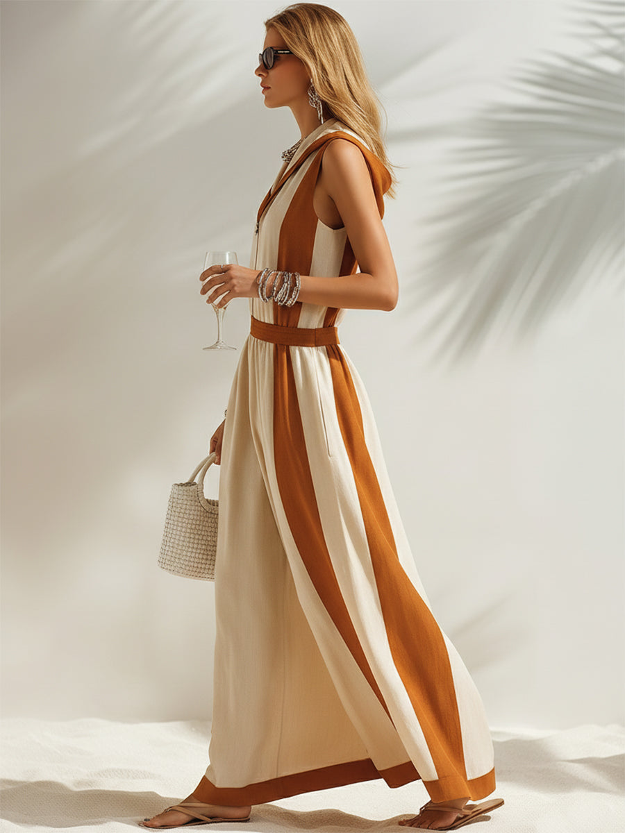 Beige Casual Hooded Sleeveless Maxi Dress with Brown Trim