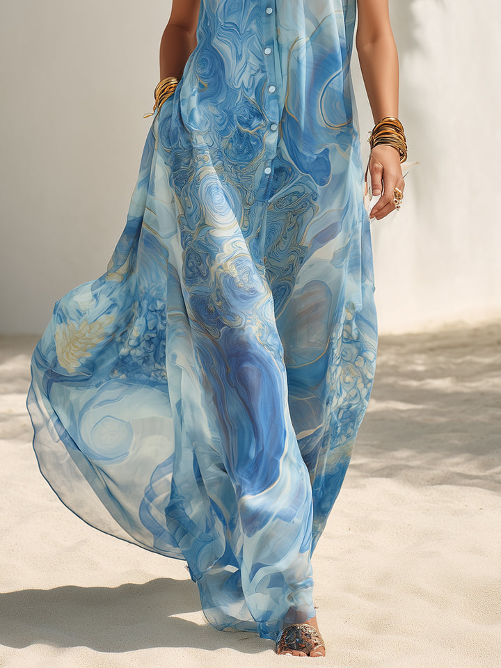 Bohemian blue abstract printed chiffon high neck sleeveless maxi dress with buttons