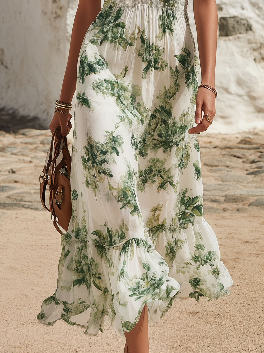 Sleeveless botanical print chiffon midi dress, holiday style, V-neck