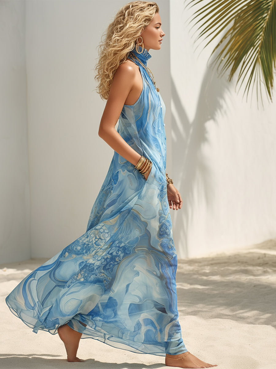 Bohemian blue abstract printed chiffon high neck sleeveless maxi dress with buttons