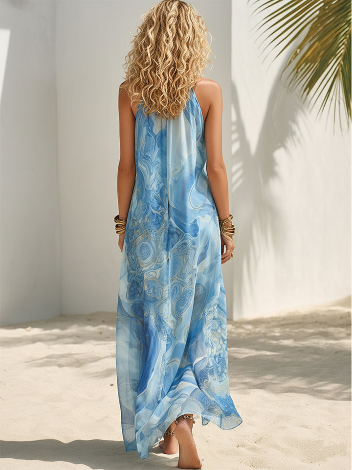 Bohemian blue abstract printed chiffon high neck sleeveless maxi dress with buttons