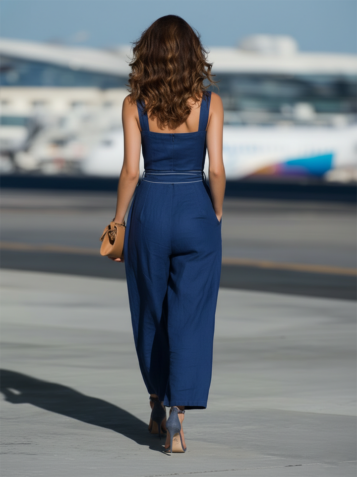 Vacation-Style Blue Sleeveless Strappy Jumpsuit
