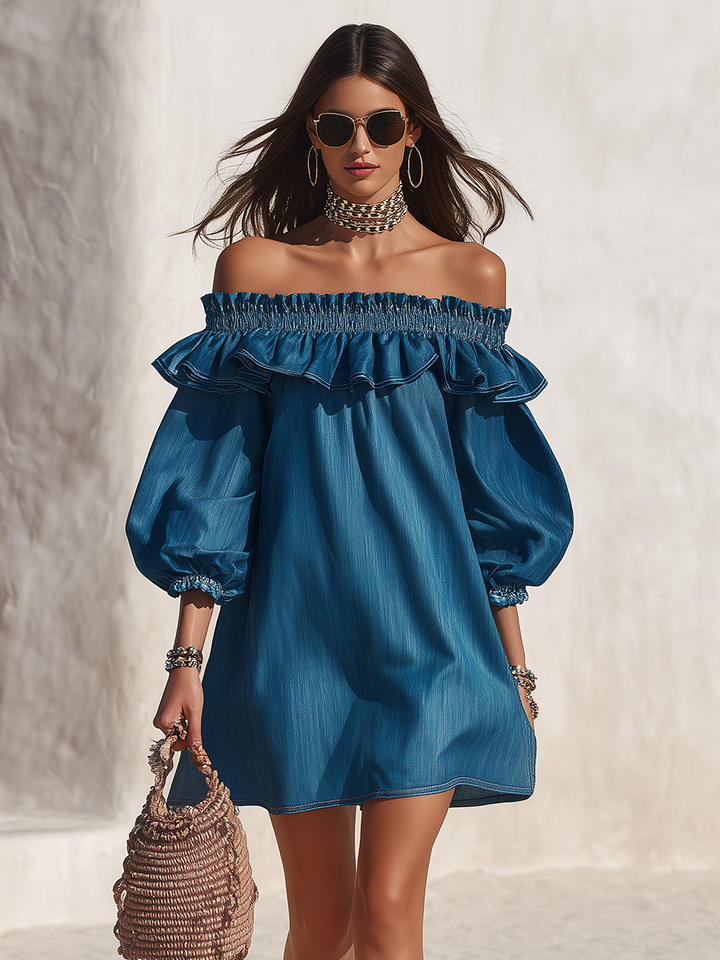 Resort style ruffled denim mini dress with off the shoulder and three-quarter sleeves