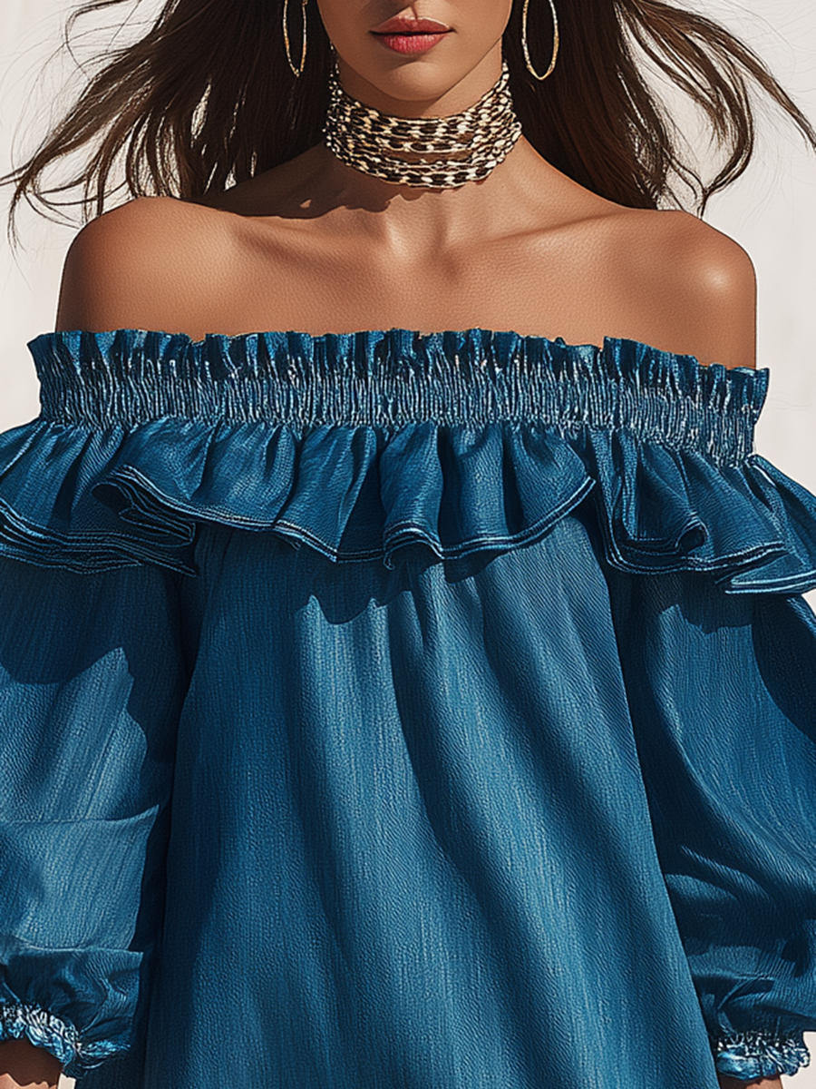 Resort style ruffled denim mini dress with off the shoulder and three-quarter sleeves