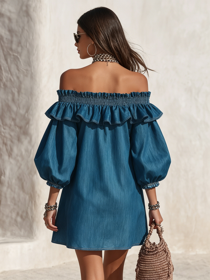 Resort style ruffled denim mini dress with off the shoulder and three-quarter sleeves