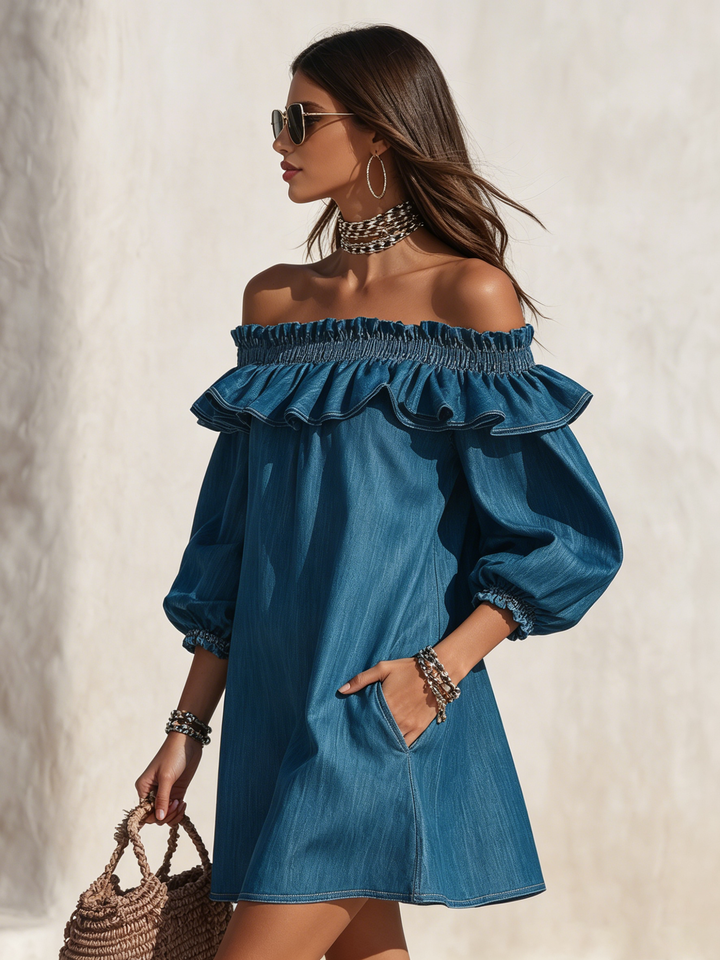 Resort style ruffled denim mini dress with off the shoulder and three-quarter sleeves