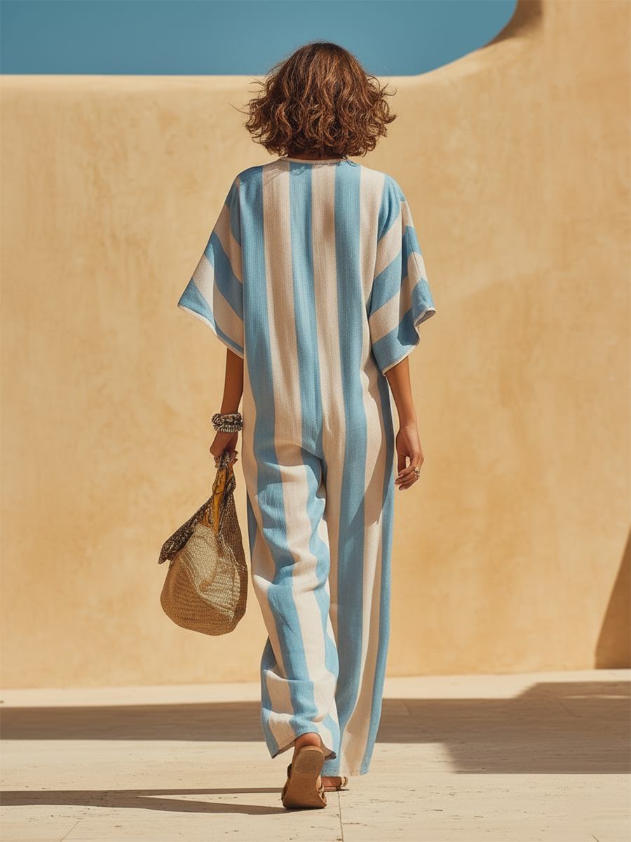 Vacation-Style Blue And White Striped V-Neck Short-Sleeve Jumpsuit