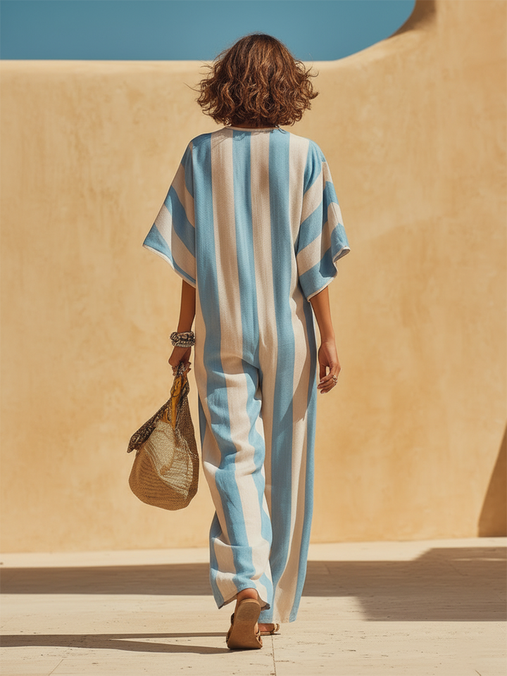 Vacation-Style Blue And White Striped V-Neck Short-Sleeve Jumpsuit